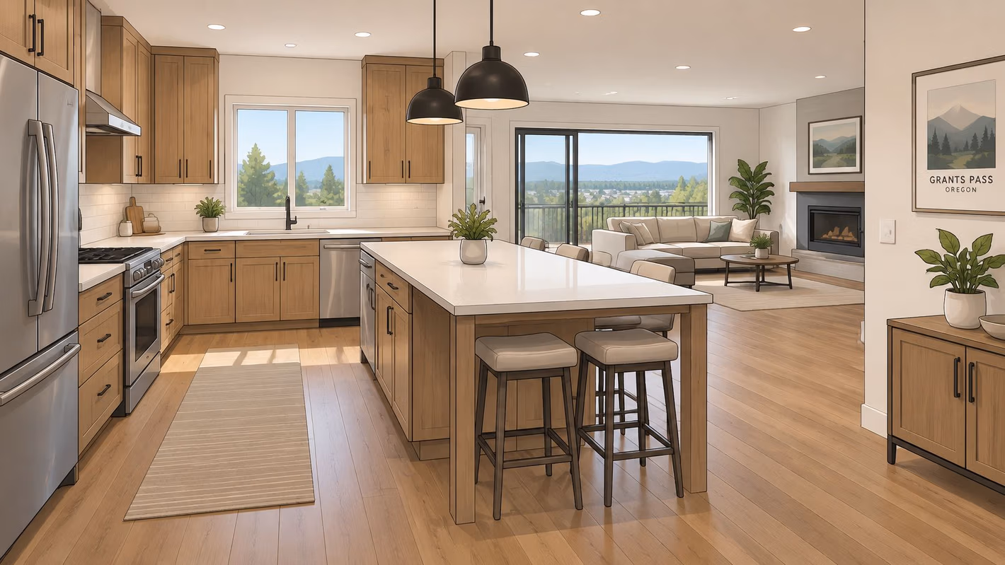 A modern open-concept kitchen with wooden cabinets, a large central island, and counter height bar stools.