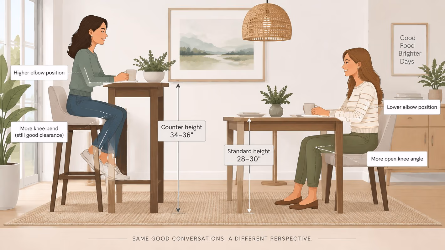 A comparison of standard dining height and counter height table sets with two women sitting comfortably.