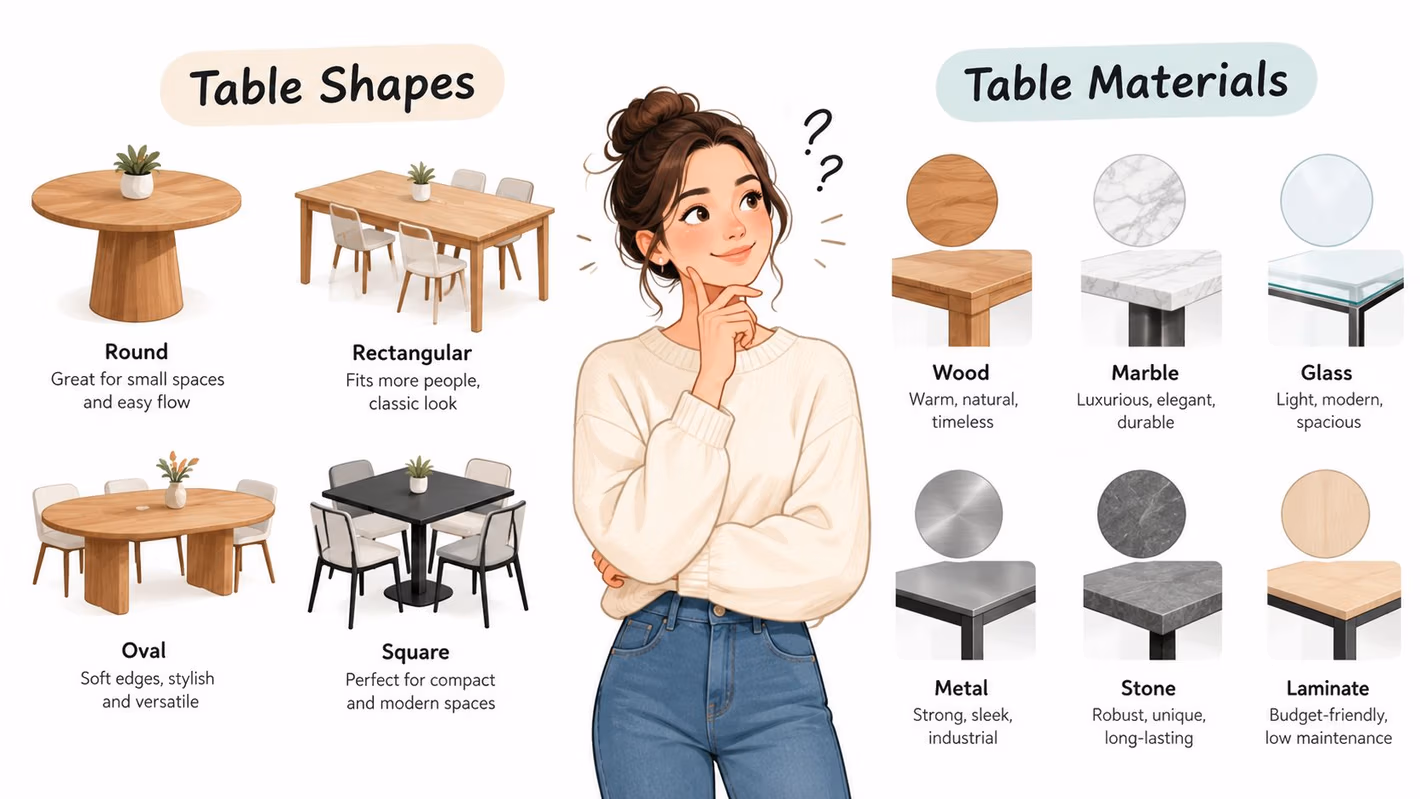 An illustration showing various table shapes and materials to help choose dining furniture for small apartments.