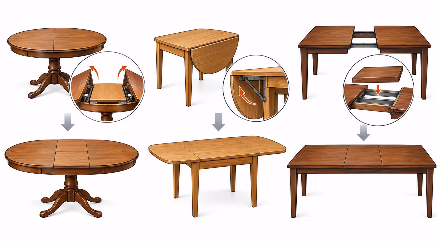 An illustration showing three different types of dining room tables with mechanisms for extending their surface area.