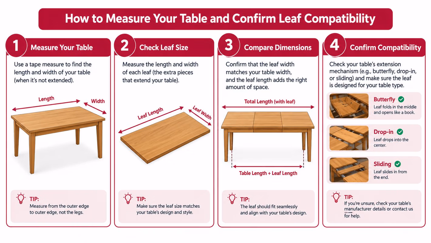 A four-step infographic guide on how to measure a table and confirm the compatibility of extension leaves.