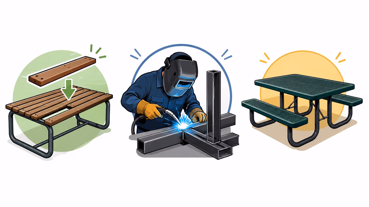 A triptych showing the process of manufacturing a picnic table including replacing slats, welding metal, and finished furniture.