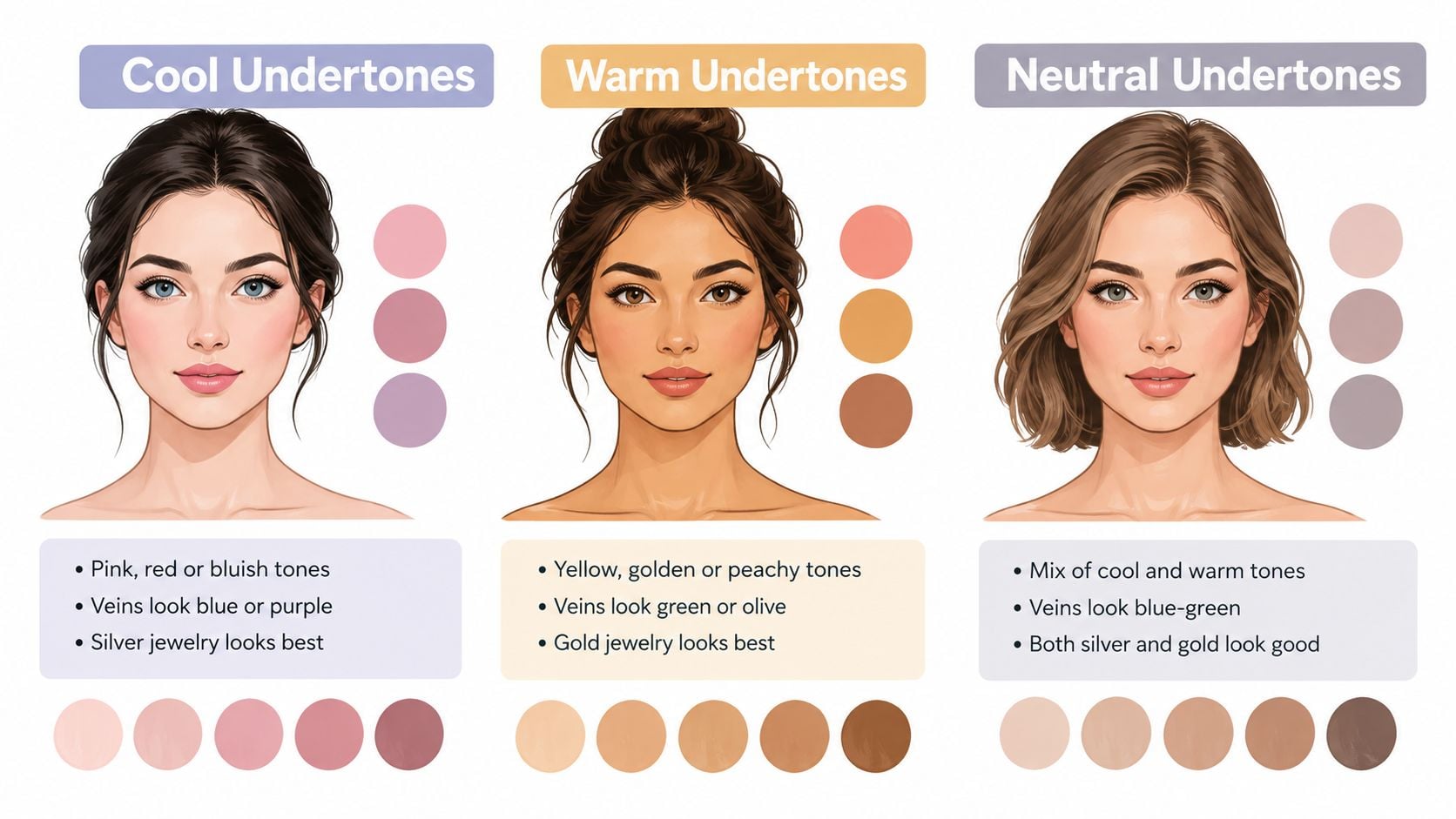 An educational infographic illustrating the differences between cool, warm, and neutral skin undertones with visual guides.