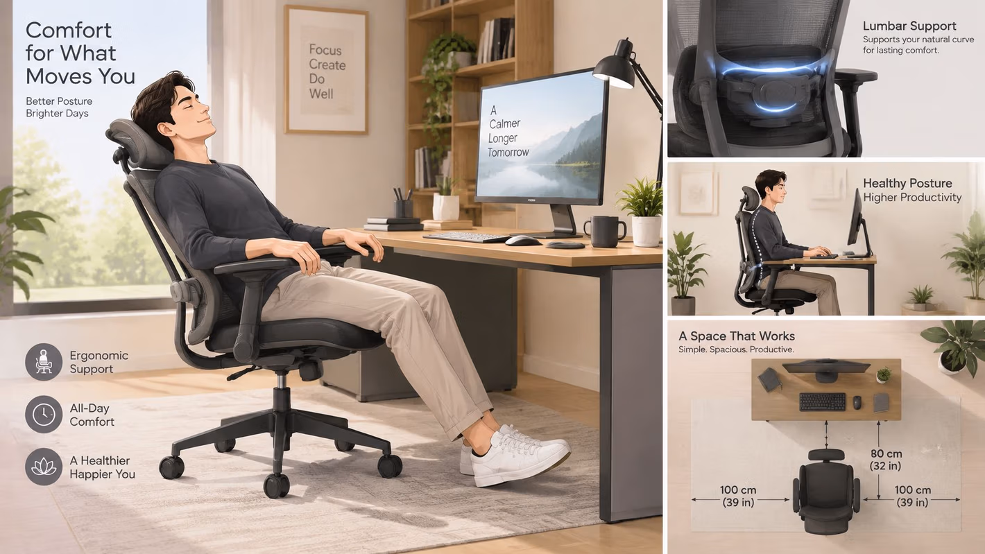 A person relaxing in a high-back ergonomic office chair at a desk in a home workspace.