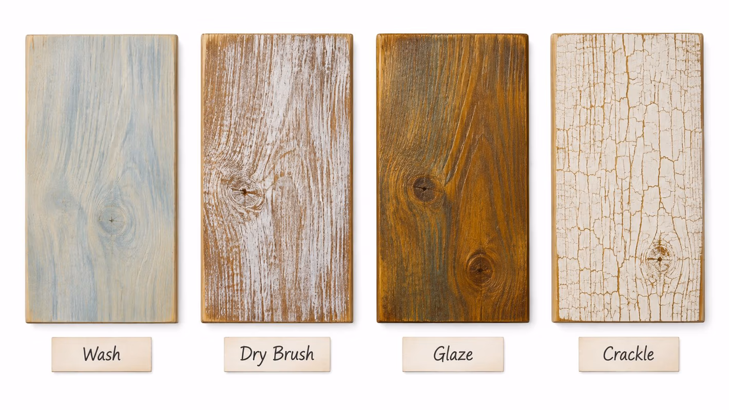 Four wooden board samples showcasing different painting techniques including wash, dry brush, glaze, and crackle finishes.
