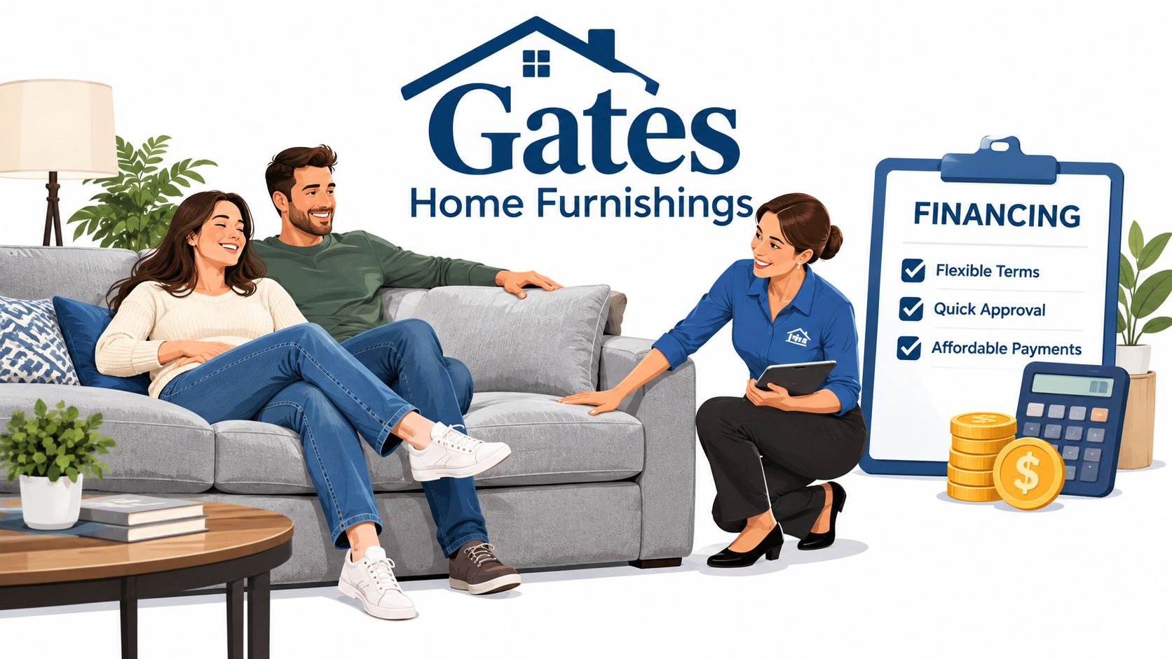 A happy couple sitting on a gray sofa in a showroom while talking to a helpful sales associate.