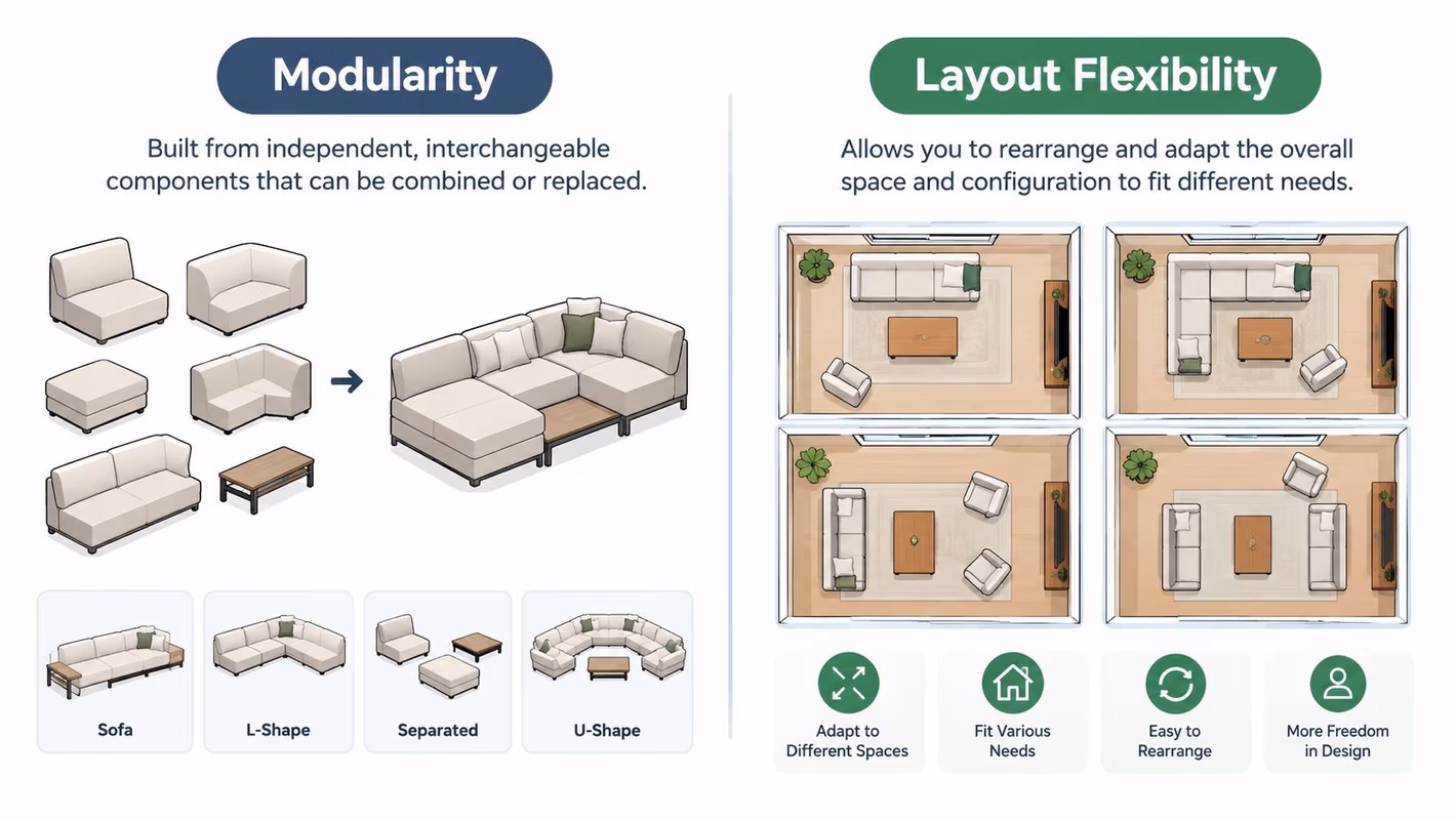 A diagram illustrating the benefits of modular sectional sofas for layout flexibility and customizable home furniture arrangements.