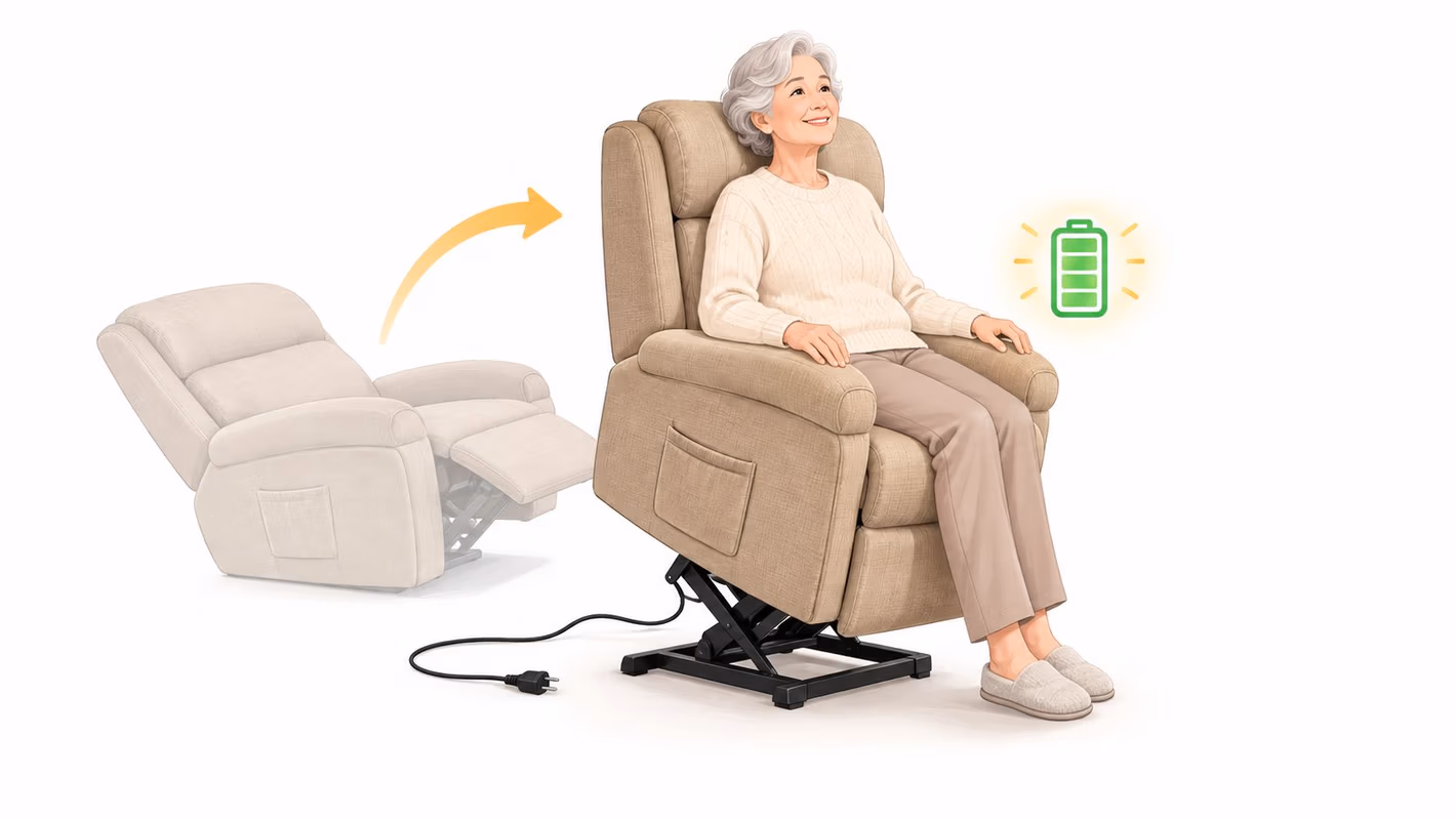 An elderly woman sits comfortably in a powered lift chair showing a battery icon for backup power.