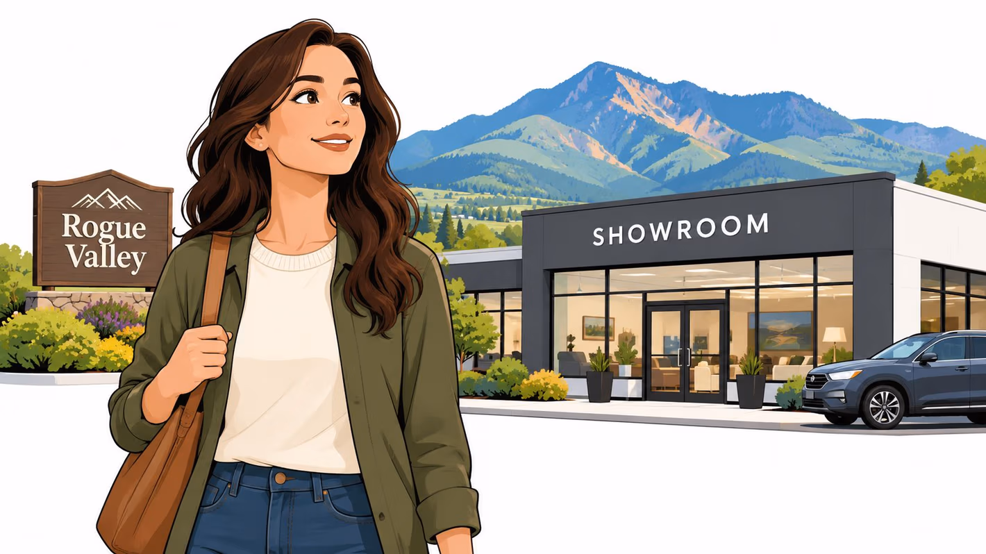 A stylish woman walking in front of a modern Rogue Valley furniture showroom against a mountain backdrop.