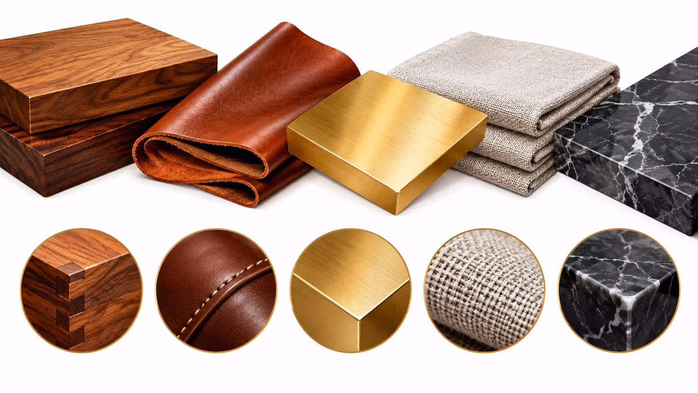 Various high-end interior design material samples featuring wood, leather, brushed brass, textured fabric, and polished black marble.