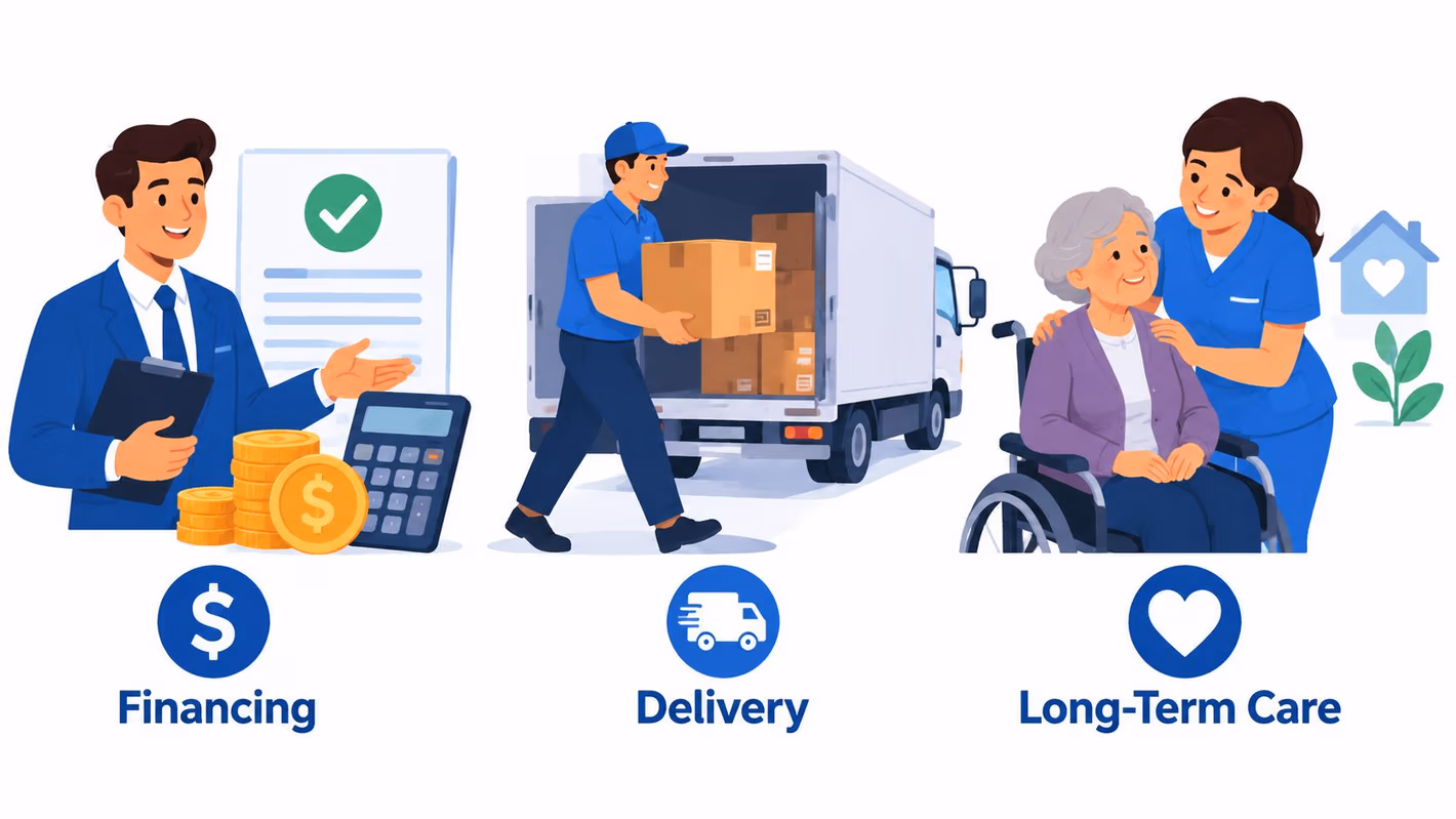A conceptual illustration representing three pillars of service including financing, delivery, and professional long-term care.