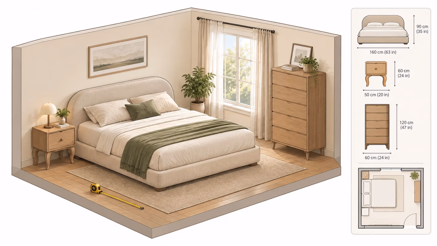 An isometric view of an organic modern bedroom with a bed, nightstand, dresser, and floor plan dimensions.