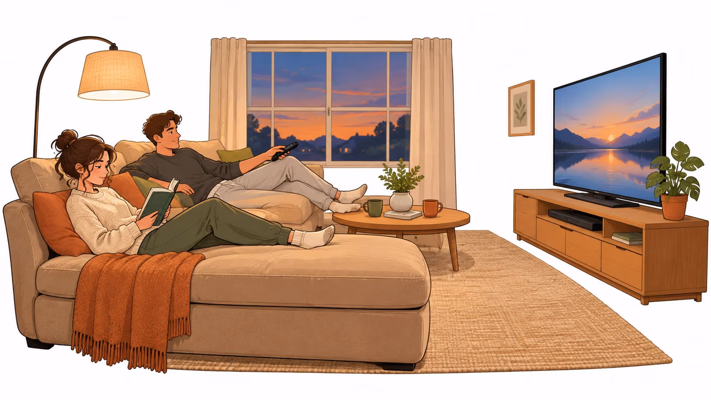 A couple relaxing in an oversized double chaise lounge in a cozy living room during sunset