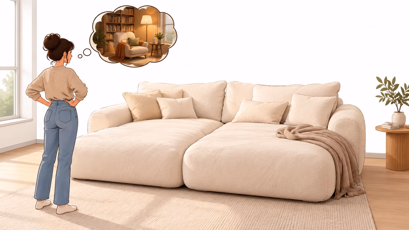 A woman stands looking at a thought bubble showing a cozy reading chair in a bright room.