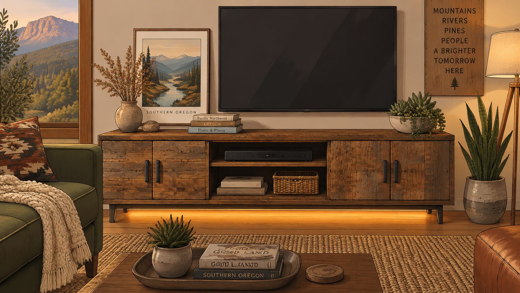 A cozy living room featuring a reclaimed wood media console beneath a flat screen television.