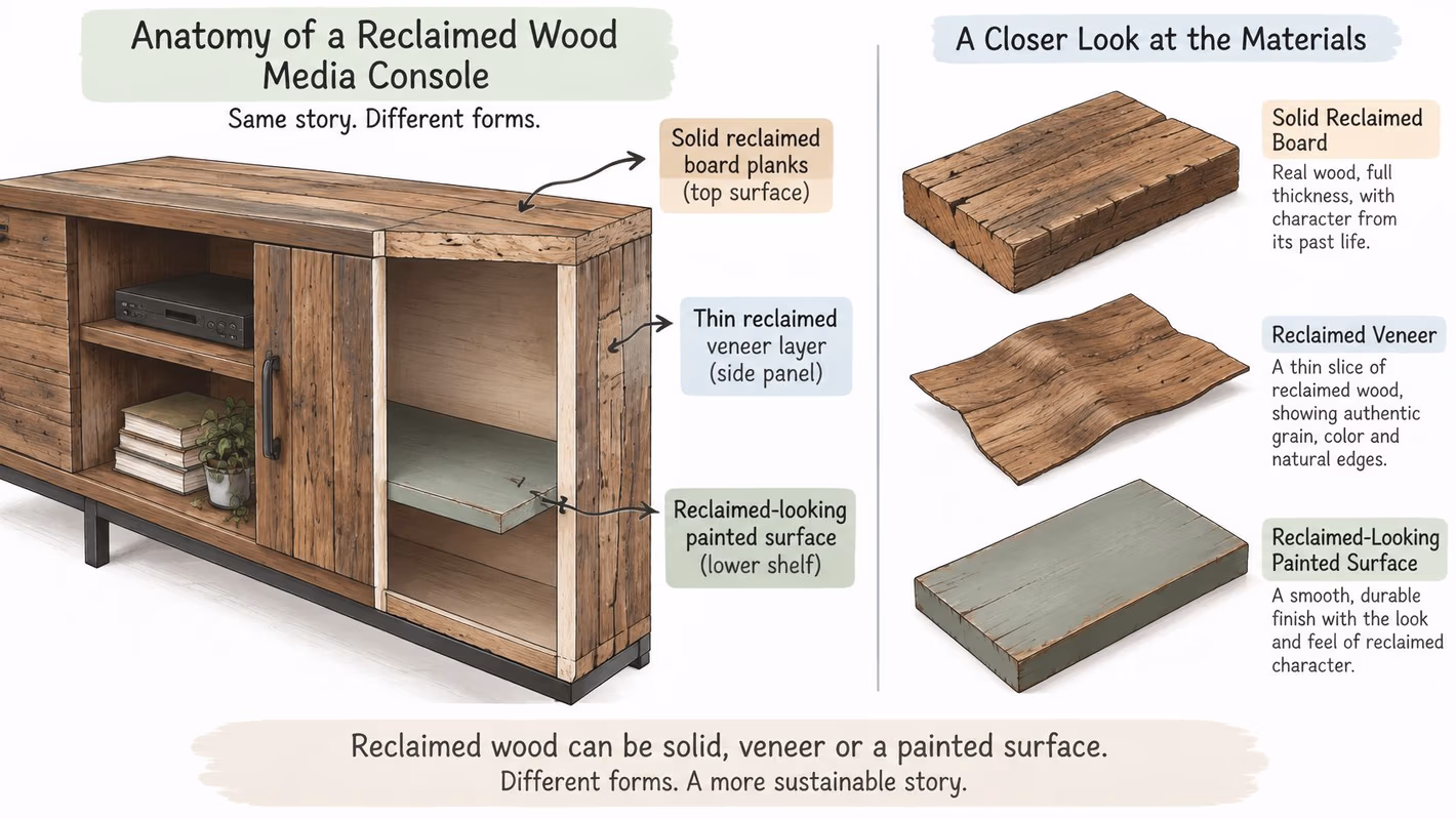 An infographic illustrating the various materials used in a reclaimed wood media console, including solid board, veneer, and painted surfaces.