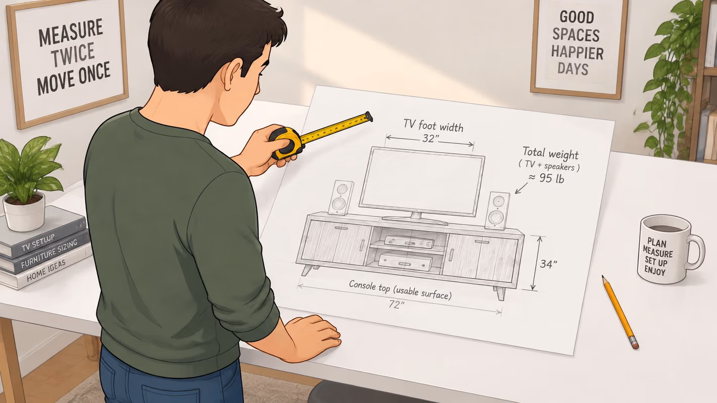 A man measuring a blueprint of a reclaimed wood media console with a tape measure at his desk.