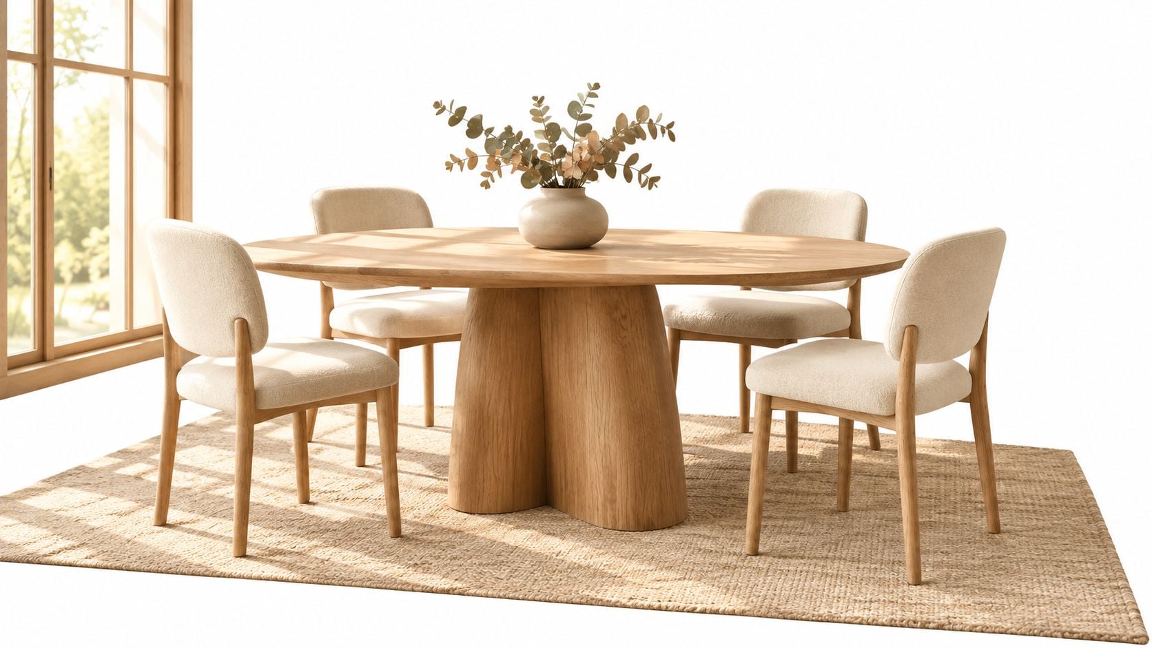 A modern round oak wood statement dining table with four cream upholstered chairs on a textured rug.