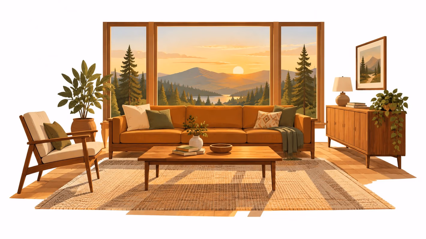 A modern living room with warm teak furniture, a plush sofa, and a scenic mountain sunset view.