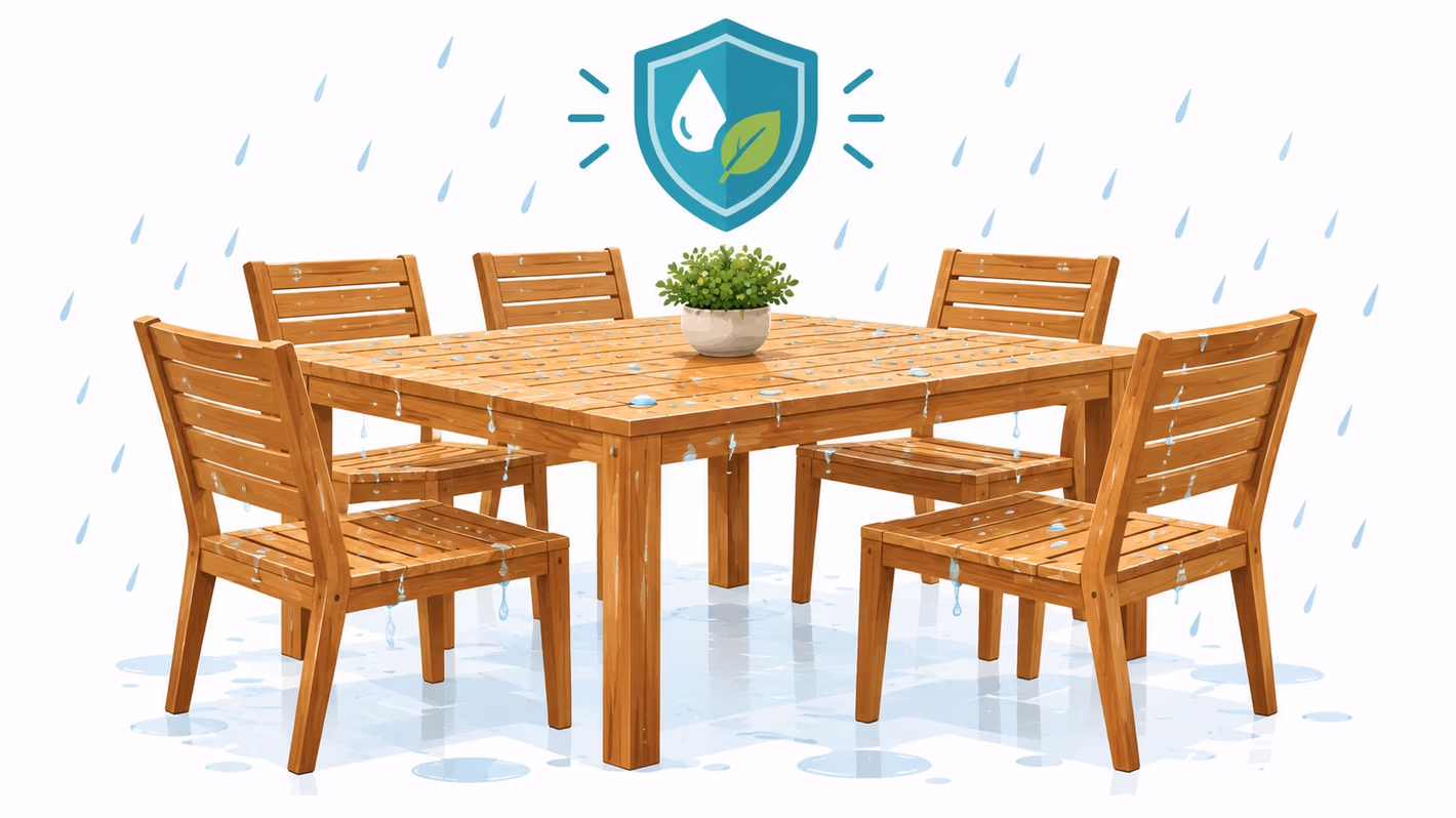 A wooden patio dining set consisting of a table and four chairs outside in the rain.